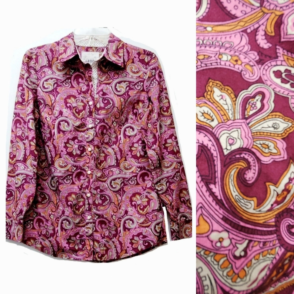 Izod Pink Floral Paisley 100% Cotton Button Up Shirt Size Small Petite